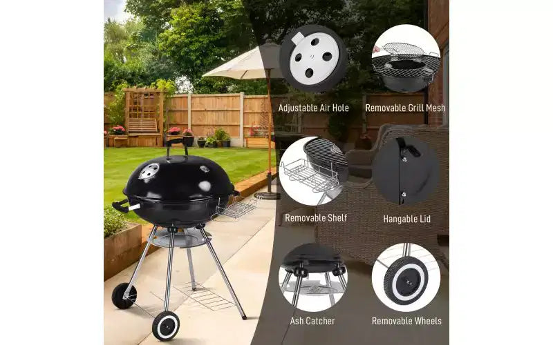 Karl Home Portable Charcoal Grill in Black with Wheels and Storage Holder