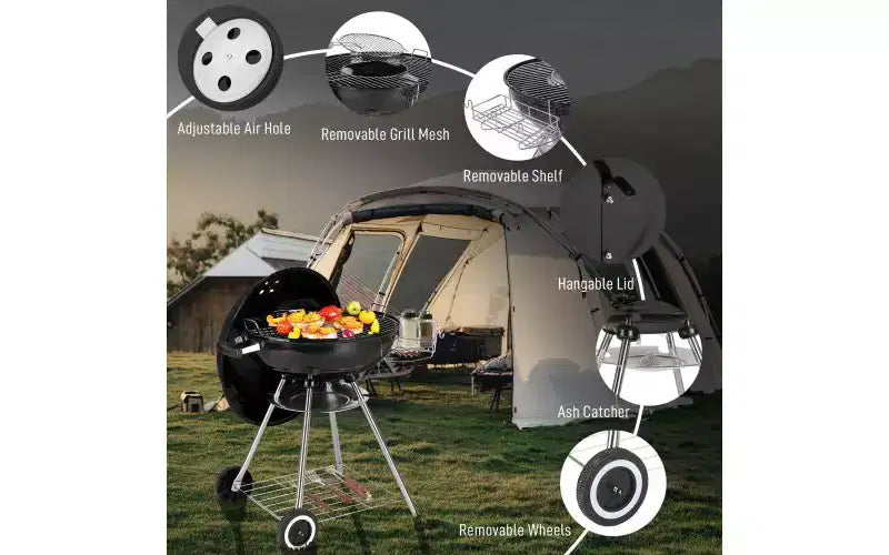 Karl Home Portable Charcoal Grill in Black with Wheels and Storage Holder