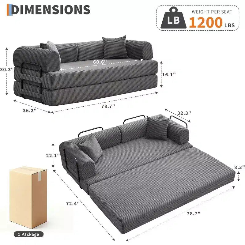 4-in-1 Convertible Sleeper Sofa, Corduroy Fabric with Pillows, No Assembly Needed, Sturdy Frame for Small Space Living Room