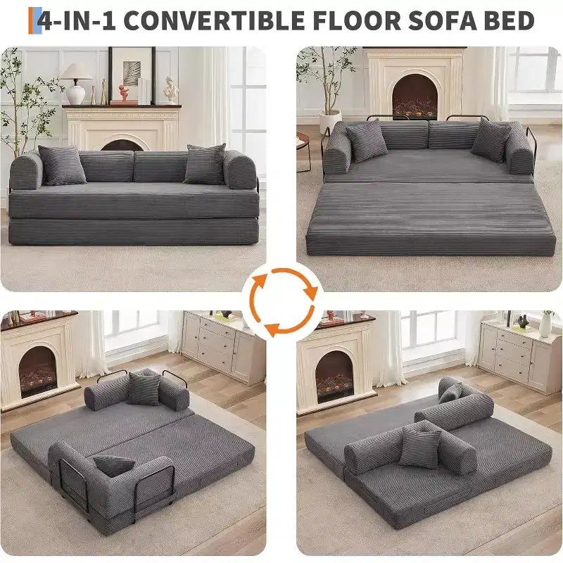 4-in-1 Convertible Sleeper Sofa, Corduroy Fabric with Pillows, No Assembly Needed, Sturdy Frame for Small Space Living Room