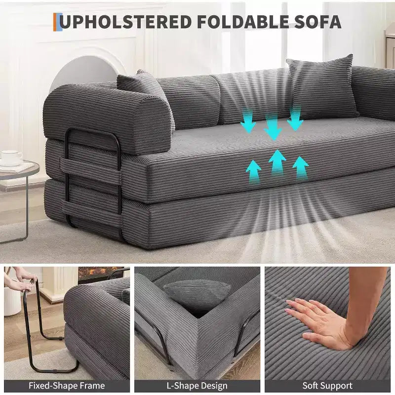 4-in-1 Convertible Sleeper Sofa, Corduroy Fabric with Pillows, No Assembly Needed, Sturdy Frame for Small Space Living Room
