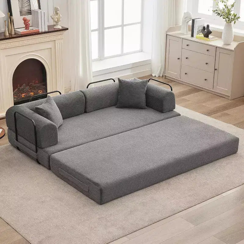 4-in-1 Convertible Sleeper Sofa, Corduroy Fabric with Pillows, No Assembly Needed, Sturdy Frame for Small Space Living Room