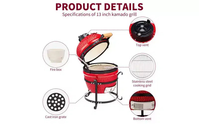 Karl Home 13 in. Kamado Ceramic Charcoal Grill In Red With Grill Stand