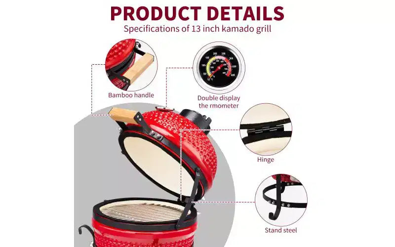 Karl Home 13 in. Kamado Ceramic Charcoal Grill In Red With Grill Stand