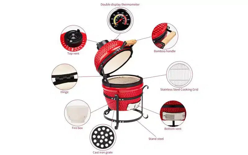 Karl Home 13 in. Kamado Ceramic Charcoal Grill In Red With Grill Stand