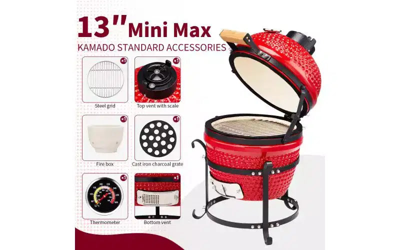 Karl Home 13 in. Kamado Ceramic Charcoal Grill In Red With Grill Stand