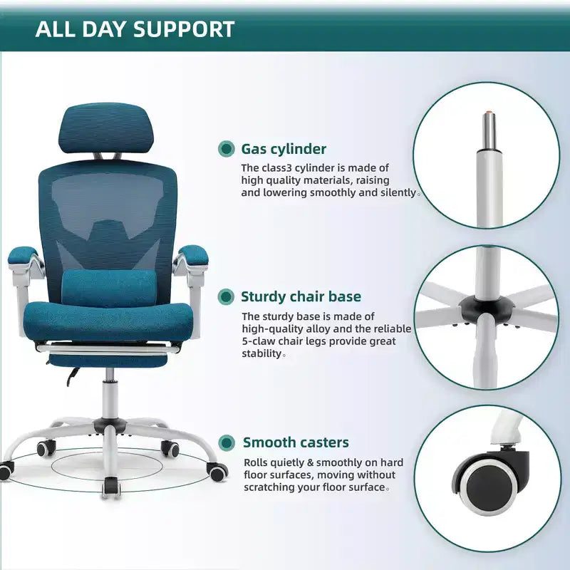 TUYOHW Chaise de bureau en maille pivotante à roulettes avec repose-pieds rétractable, chaise de gamer avec coussin de soutien lombaire pour le bureau
