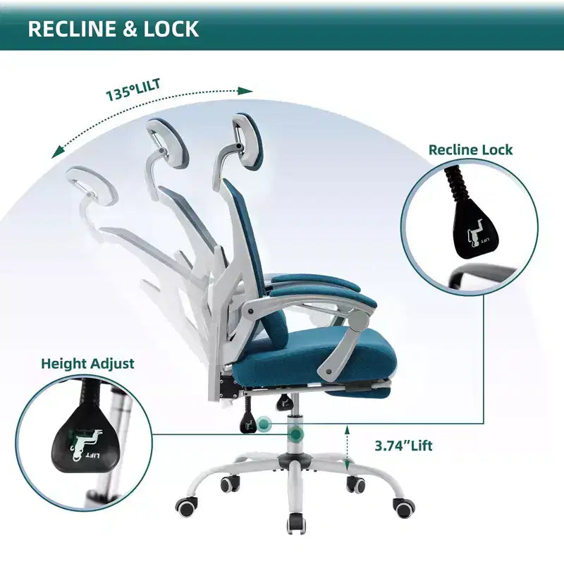 TUYOHW Chaise de bureau en maille pivotante à roulettes avec repose-pieds rétractable, chaise de gamer avec coussin de soutien lombaire pour le bureau