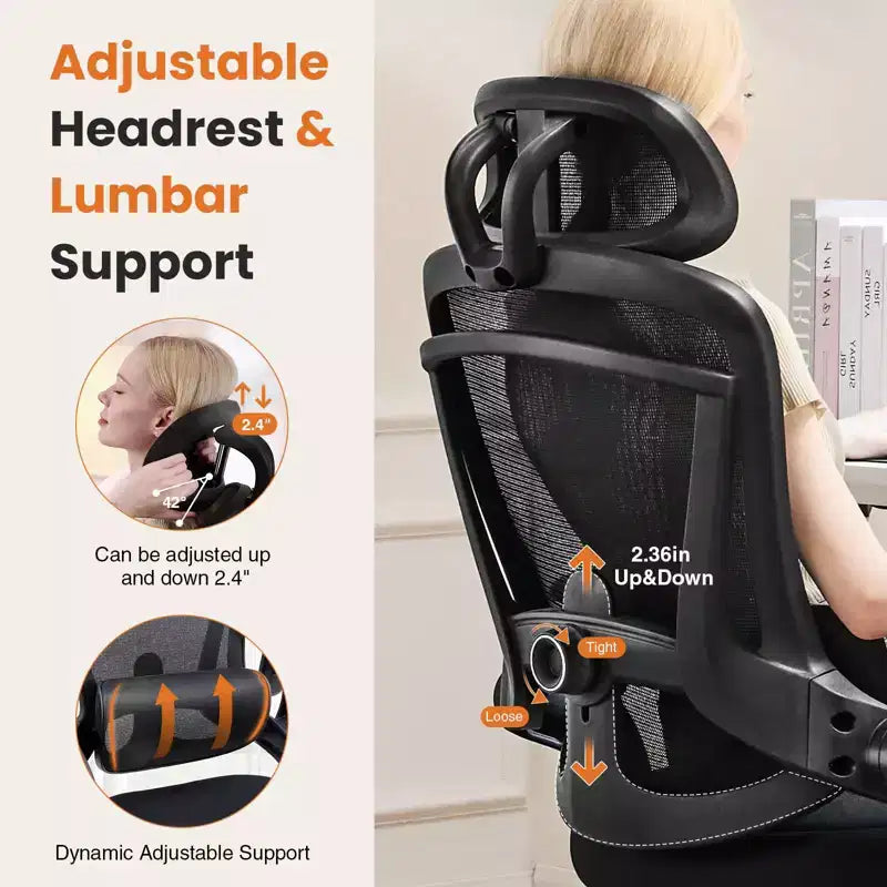 Chaise de bureau à roulettes TUYOHW en maille croisée, chaise de bureau avec support lombaire et appui-tête réglables, chaise de gaming avec accoudoirs relevables souples pour le bureau