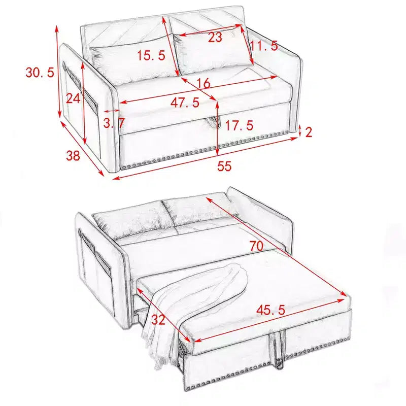 Modern Convertible Loveseat Sofa Bed, Comfy Velvet Sleeper with USB Port & Side Pockets, Space-Saving Furniture for Living Room, Bedroom, Apartment