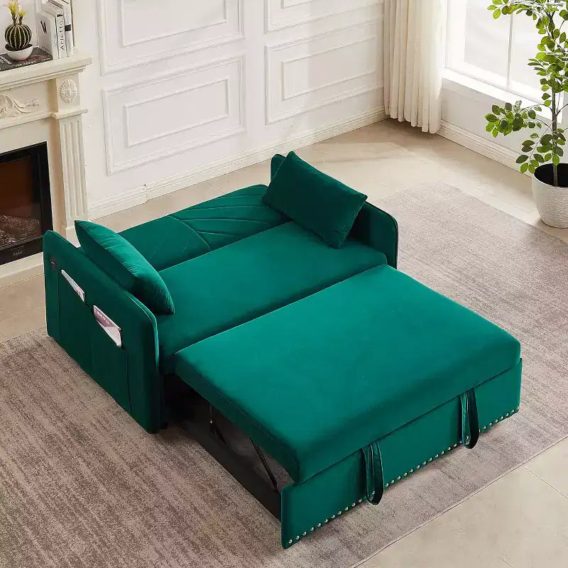 Modern Convertible Loveseat Sofa Bed, Comfy Velvet Sleeper with USB Port & Side Pockets, Space-Saving Furniture for Living Room, Bedroom, Apartment