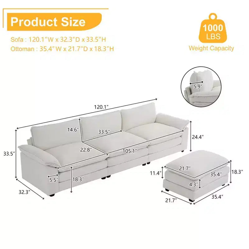 Canapé d'angle moderne Karl Home Chellie 3 places en L blanc avec accoudoirs rembourrés et pouf (305 cm de large)