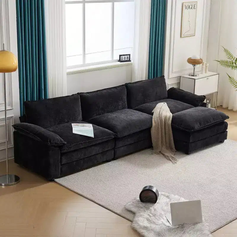 Karl Home | Canapé d'angle moderne Chellie 3 places en L avec accoudoirs et plateau capitonné, 305 cm de large, noir, avec pouf