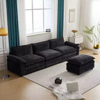 Karl Home | Canapé d'angle moderne Chellie 3 places en L avec accoudoirs et plateau capitonné, 305 cm de large, noir, avec pouf