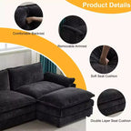 Karl Home | Canapé d'angle moderne Chellie 3 places en L avec accoudoirs et plateau capitonné, 305 cm de large, noir, avec pouf