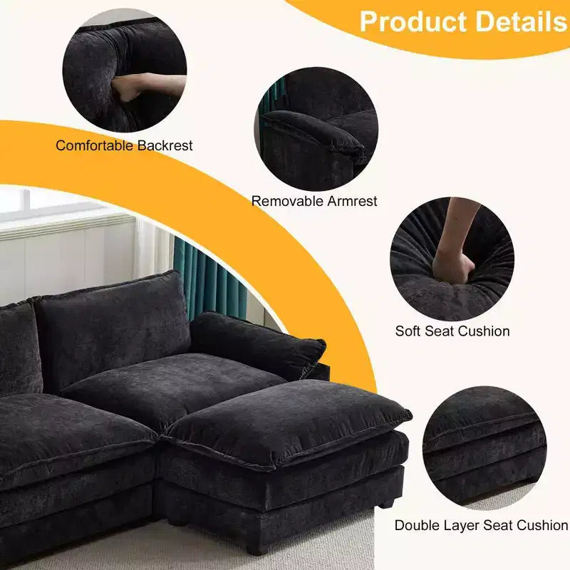 Karl Home | Canapé d'angle moderne Chellie 3 places en L avec accoudoirs et plateau capitonné, 305 cm de large, noir, avec pouf