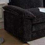 Karl Home | Canapé d'angle moderne Chellie 3 places en L avec accoudoirs et plateau capitonné, 305 cm de large, noir, avec pouf