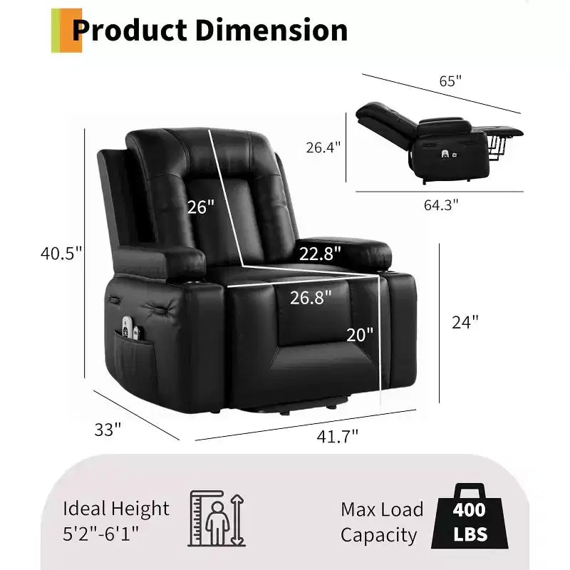 Fauteuil inclinable électrique surdimensionné, Siège de cinéma maison avec soutien lombaire, Canapé inclinable en similicuir PU avec dossier et pieds réglables