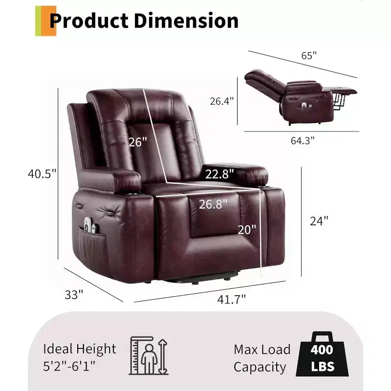 Fauteuil inclinable électrique surdimensionné, Siège de cinéma maison avec soutien lombaire, Canapé inclinable en similicuir PU avec dossier et pieds réglables