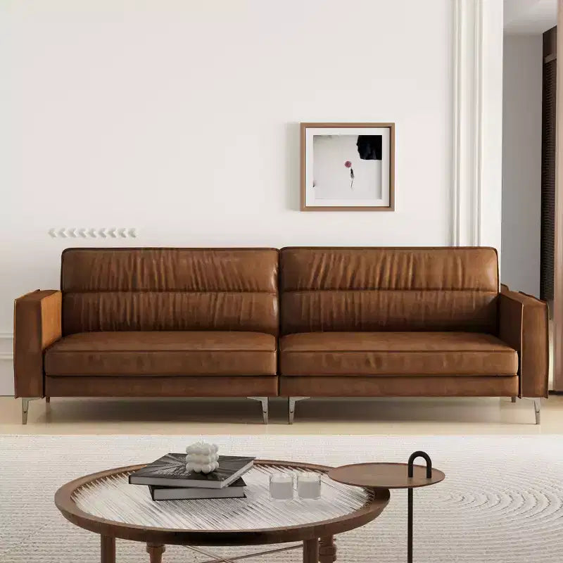 Luck Live Contemporary 86.61 inch Luxury Brown Oil Wax Leather Couch - High-End Vintage Sofa with Sturdy Frame and Cozy Feel Brown