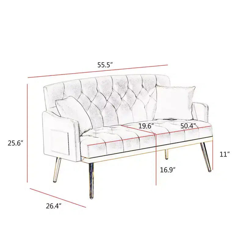Causeuse rembourrée avec 2 oreillers, pieds en métal, canapé-lit en mousse pour chambre d'amis, bureau, salon.
