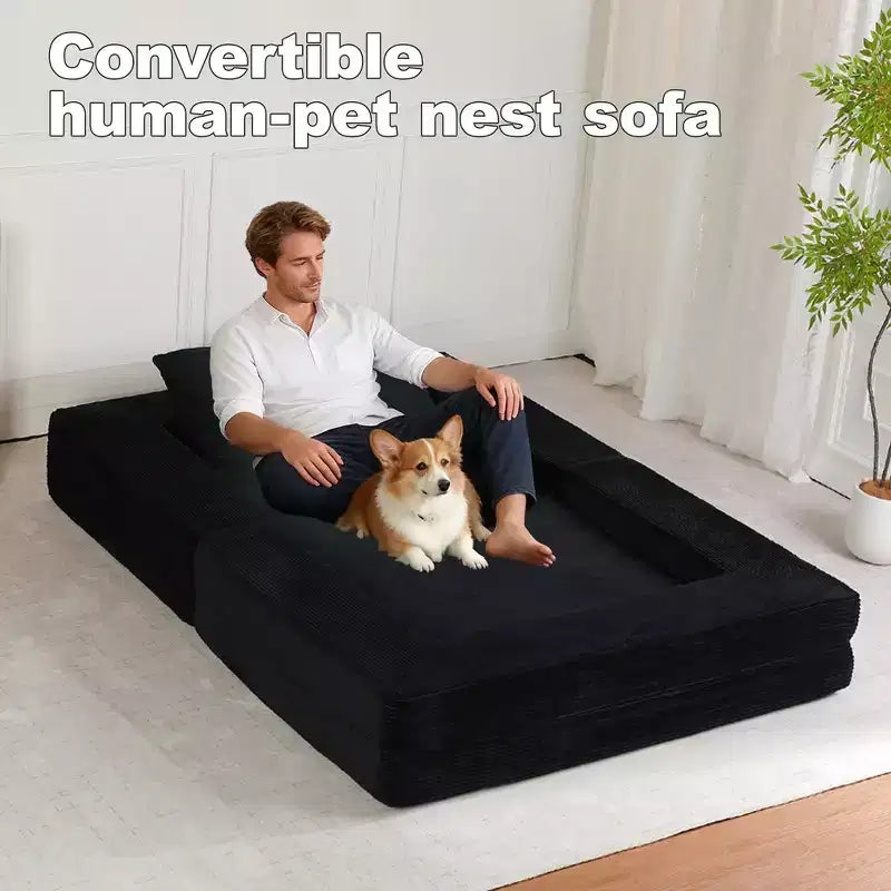 Canapé convertible Whisen, canapé-lit compression pour chien, canapé de sol moderne en velours côtelé avec oreiller, aucun assemblage requis
