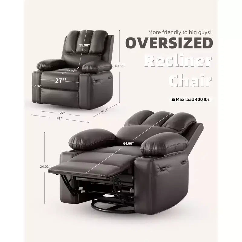Oversize 27 Recliner Chair, Single PU Leather Sofa with Side Pocket, Chaise Lounge Reclining Seat with 2 Cup Holders for Living Room, Bedroom