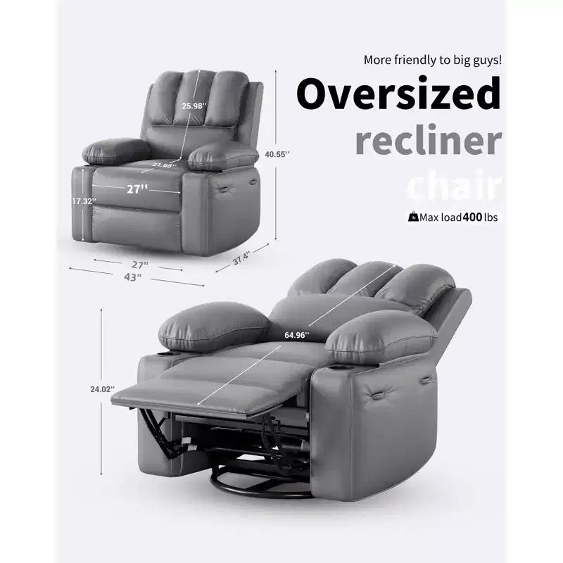 Oversize 27 Recliner Chair, Single PU Leather Sofa with Side Pocket, Chaise Lounge Reclining Seat with 2 Cup Holders for Living Room, Bedroom