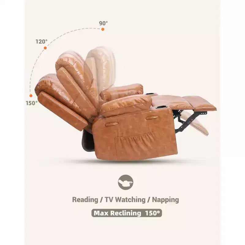 Oversize 27 Recliner Chair, Single PU Leather Sofa with Side Pocket, Chaise Lounge Reclining Seat with 2 Cup Holders for Living Room, Bedroom