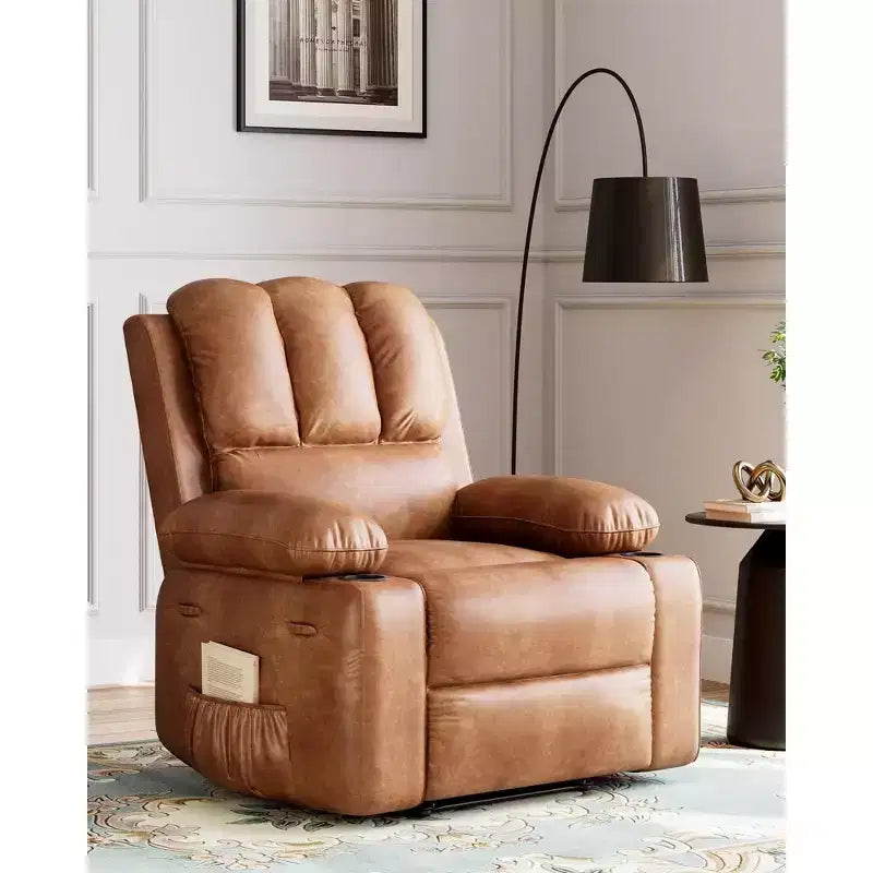 Oversize 27 Recliner Chair, Single PU Leather Sofa with Side Pocket, Chaise Lounge Reclining Seat with 2 Cup Holders for Living Room, Bedroom