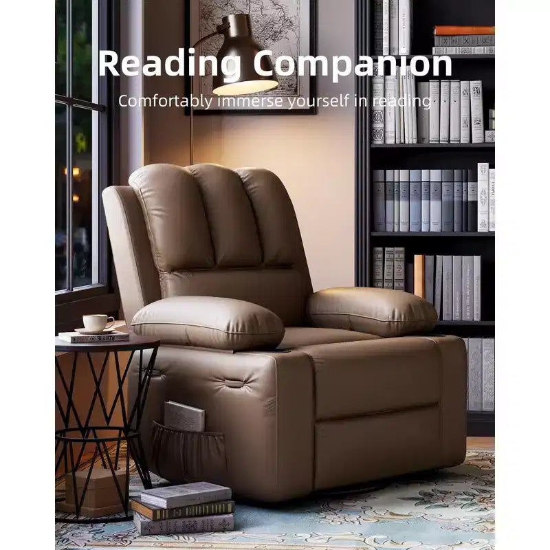 Oversize 27 Recliner Chair, Single PU Leather Sofa with Side Pocket, Chaise Lounge Reclining Seat with 2 Cup Holders for Living Room, Bedroom