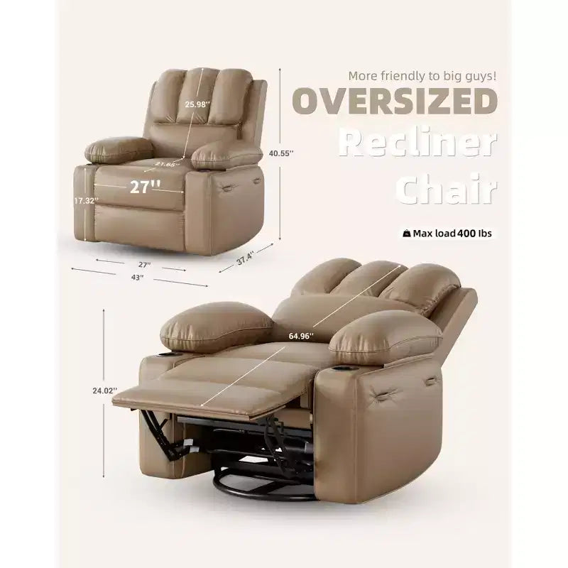 Oversize 27 Recliner Chair, Single PU Leather Sofa with Side Pocket, Chaise Lounge Reclining Seat with 2 Cup Holders for Living Room, Bedroom