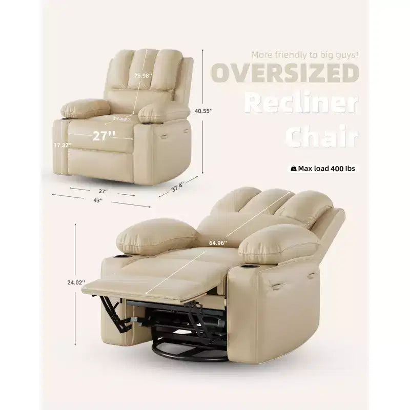 Oversize 27 Recliner Chair, Single PU Leather Sofa with Side Pocket, Chaise Lounge Reclining Seat with 2 Cup Holders for Living Room, Bedroom