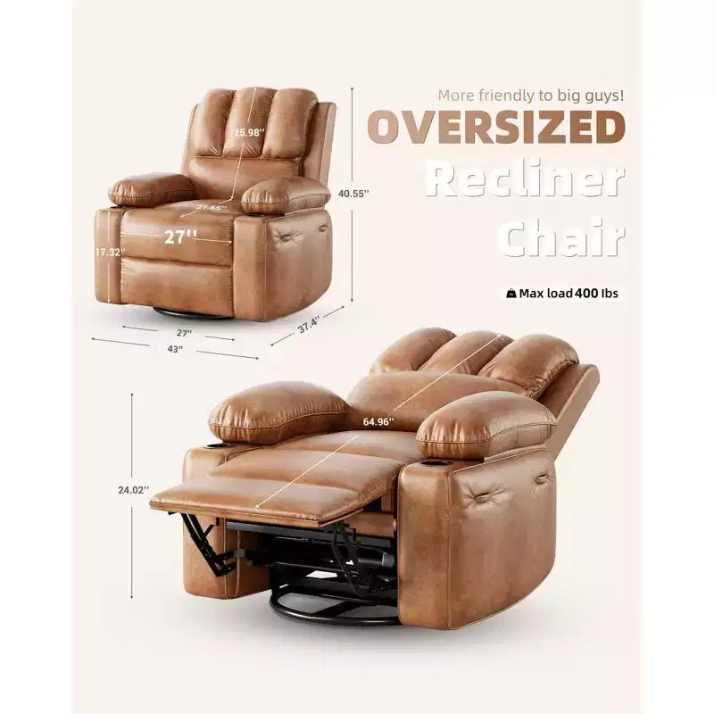 Oversize 27 Recliner Chair, Single PU Leather Sofa with Side Pocket, Chaise Lounge Reclining Seat with 2 Cup Holders for Living Room, Bedroom