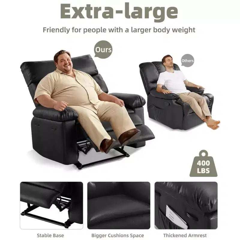 Oversized Recliner Chair - PU Leather Manual Recliner for Adults, Comfy Reclining Chair with Overstuffed Arms and Back, Side Pocket, Single Sofa