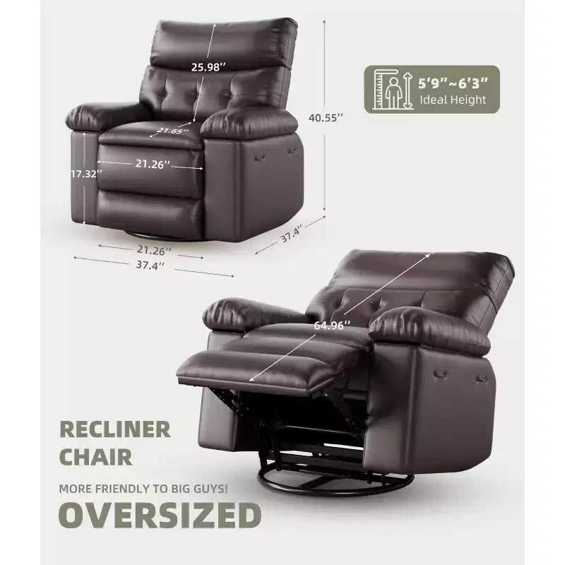 Oversized Recliner Chair - PU Leather Manual Recliner for Adults, Comfy Reclining Chair with Overstuffed Arms and Back, Side Pocket, Single Sofa