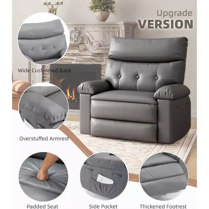 Oversized Recliner Chair - PU Leather Manual Recliner for Adults, Comfy Reclining Chair with Overstuffed Arms and Back, Side Pocket, Single Sofa