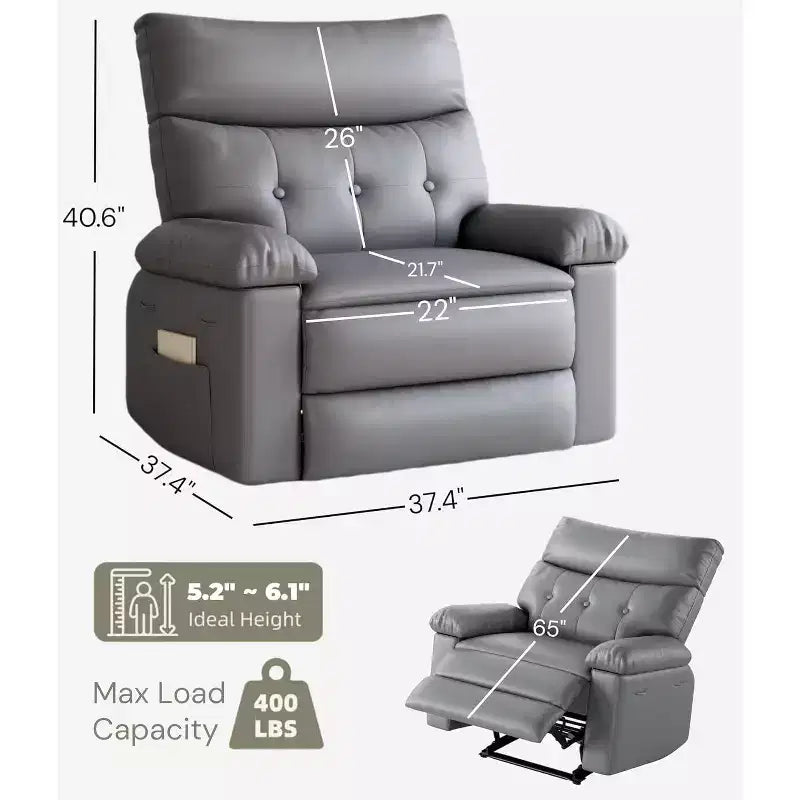 Oversized Recliner Chair - PU Leather Manual Recliner for Adults, Comfy Reclining Chair with Overstuffed Arms and Back, Side Pocket, Single Sofa