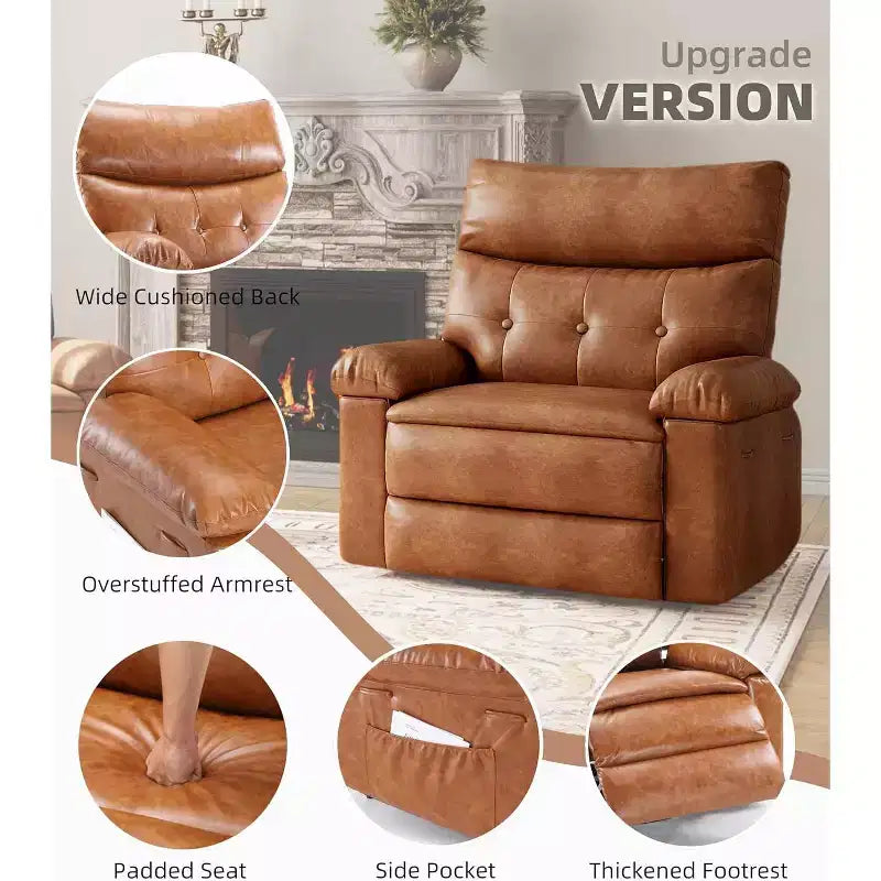 Oversized Recliner Chair - PU Leather Manual Recliner for Adults, Comfy Reclining Chair with Overstuffed Arms and Back, Side Pocket, Single Sofa