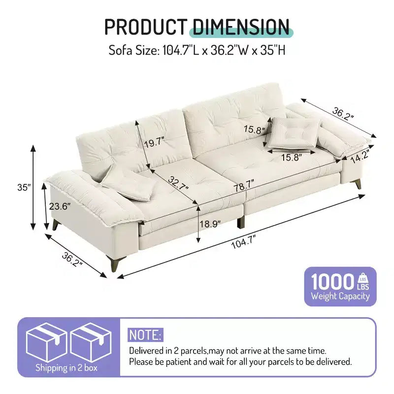 Whisen 104.7 Modern 4-Seat Cloud Sofa, Comfy Chenille Upholstered Couch with 2 Pillows, Wide Removable Armrests, Metal Legs