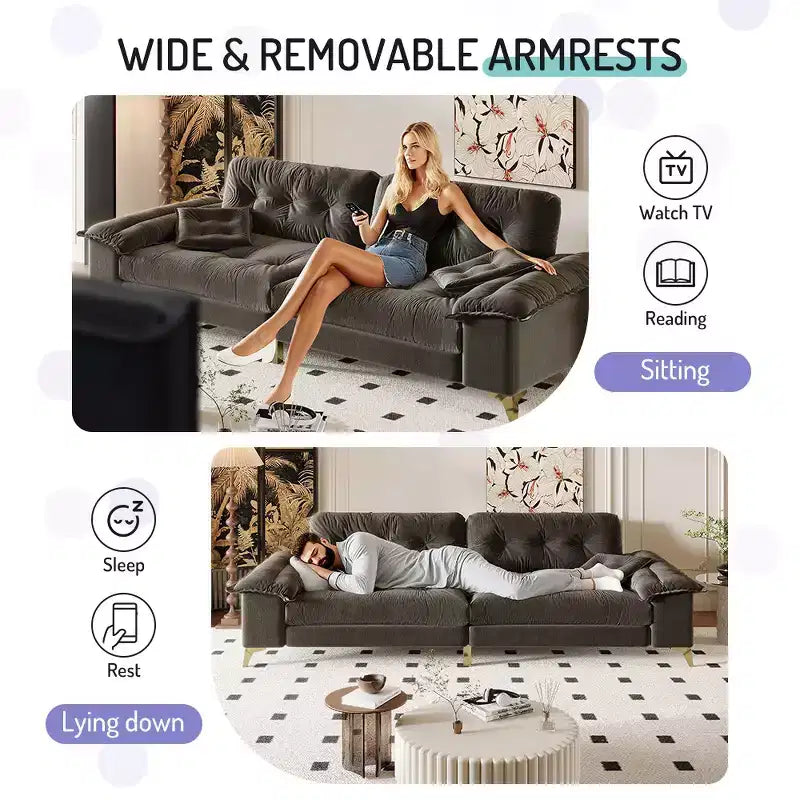 Whisen 104.7 Modern 4-Seat Cloud Sofa, Comfy Chenille Upholstered Couch with 2 Pillows, Wide Removable Armrests, Metal Legs