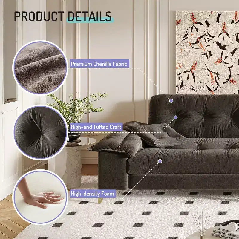 Whisen 104.7 Modern 4-Seat Cloud Sofa, Comfy Chenille Upholstered Couch with 2 Pillows, Wide Removable Armrests, Metal Legs