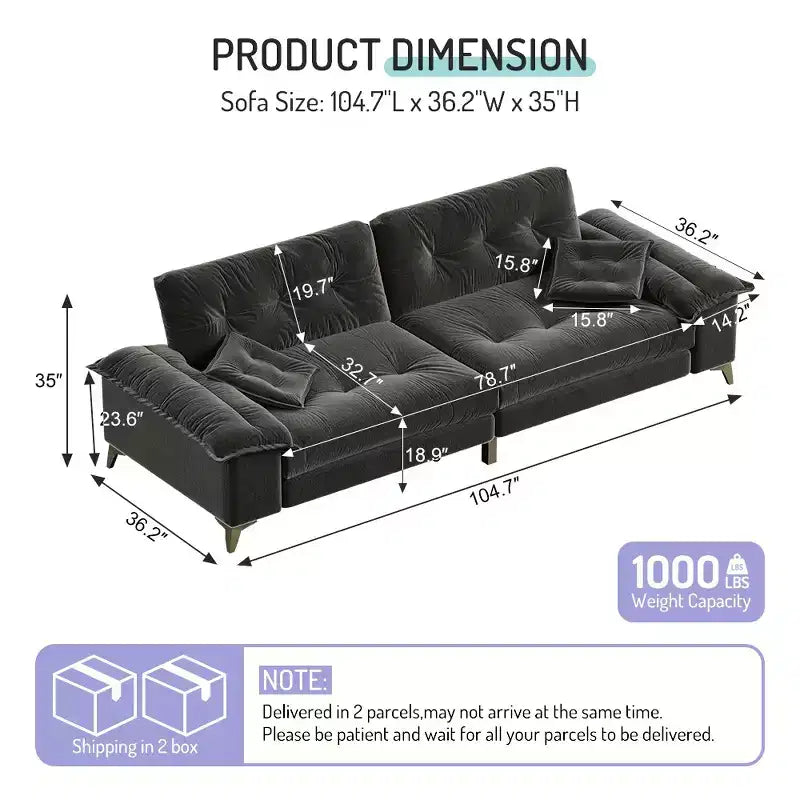 Whisen 104.7 Modern 4-Seat Cloud Sofa, Comfy Chenille Upholstered Couch with 2 Pillows, Wide Removable Armrests, Metal Legs
