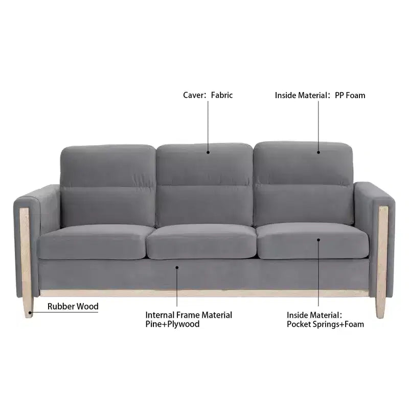 Modern Upholstered Sofa, 3-Seater Sofa with Side Pocket Wood Frame Mid-Century Modern Upholstered Loveseat for Living Room Bedroom Office Gray