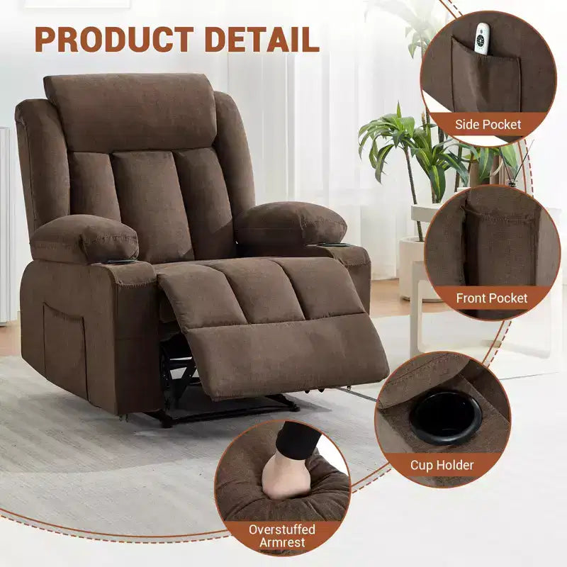 Oversized Recliner Chair with Massage and Heat - Manual Reclining Sofa with Cup Holders and Storage Pocket, Comfortable Overstuffed Deep Seat