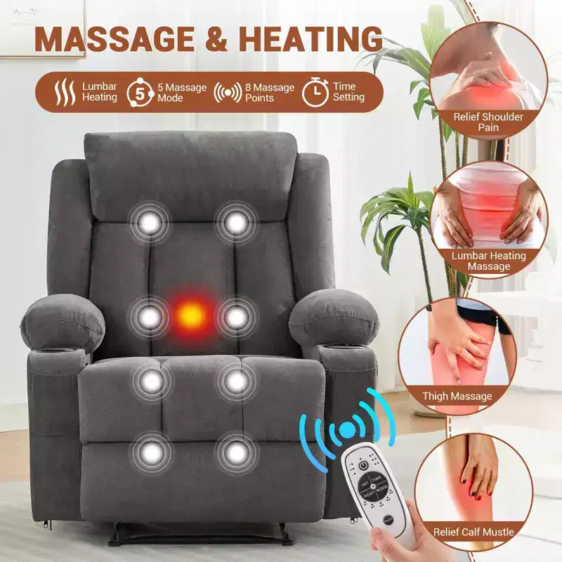 Oversized Recliner Chair with Massage and Heat - Manual Reclining Sofa with Cup Holders and Storage Pocket, Comfortable Overstuffed Deep Seat