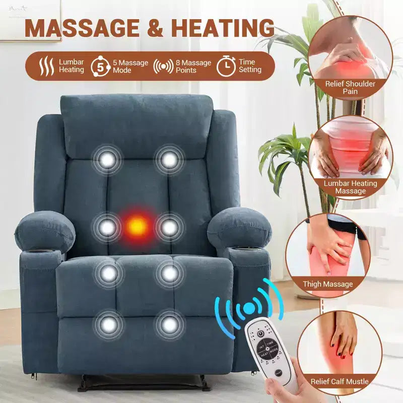 Oversized Recliner Chair with Massage and Heat - Manual Reclining Sofa with Cup Holders and Storage Pocket, Comfortable Overstuffed Deep Seat