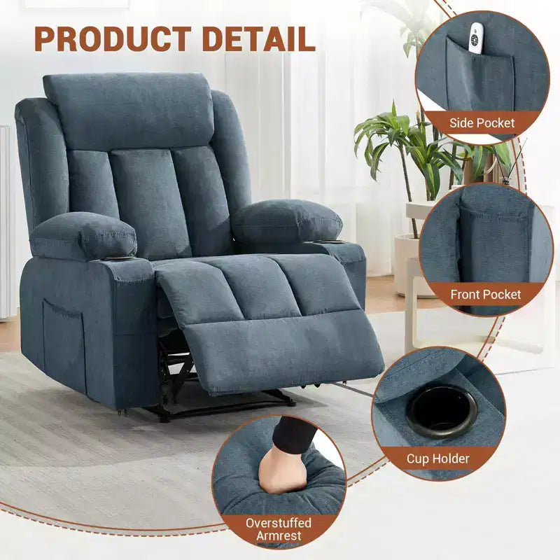 Oversized Recliner Chair with Massage and Heat - Manual Reclining Sofa with Cup Holders and Storage Pocket, Comfortable Overstuffed Deep Seat