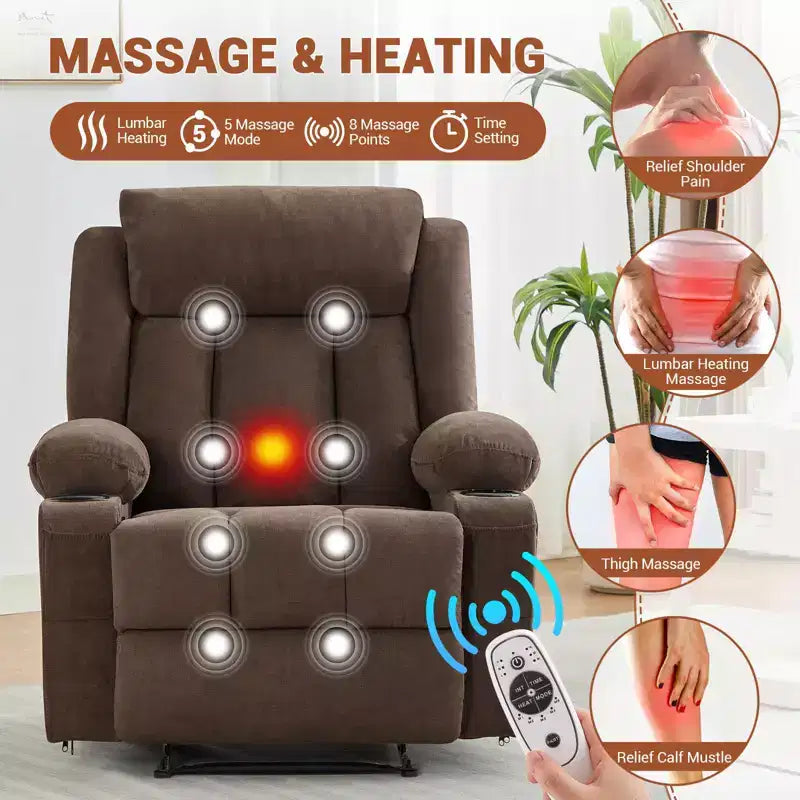 Oversized Recliner Chair with Massage and Heat - Manual Reclining Sofa with Cup Holders and Storage Pocket, Comfortable Overstuffed Deep Seat