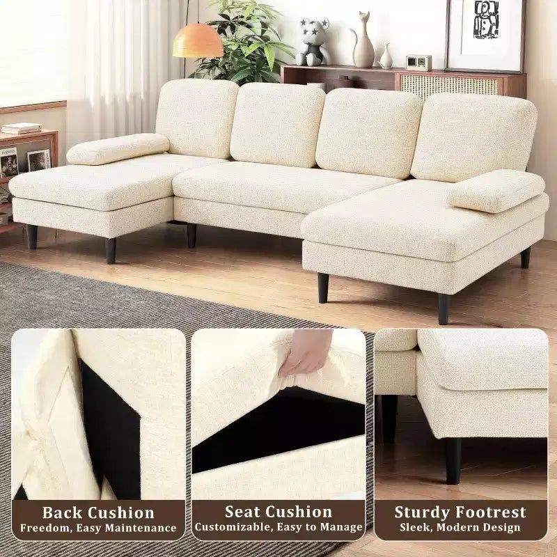 Canapé modulable moderne en U Okak avec pieds en bois, canapés inclinables en tissu chenille pour salon, appartements